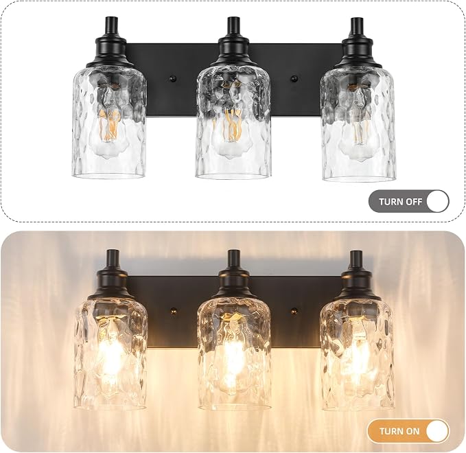 Bathroom Light Fixtures Over Mirror, 3 Lights Vanity Lights with Hammered Glass Shade, 17.8" Matte Black Farmhouse Bathroom Light Fixtures for Bedroom, Porch, Hotel, Mirror Cabinet