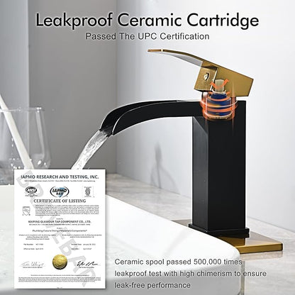 Black and Gold Waterfall Bathroom Faucet - 4In Single Handle Bathroom Sink Faucets 1 or 3 Hole Solid Vanity Faucet with Deck Plate & Overflow Pop Up Drain