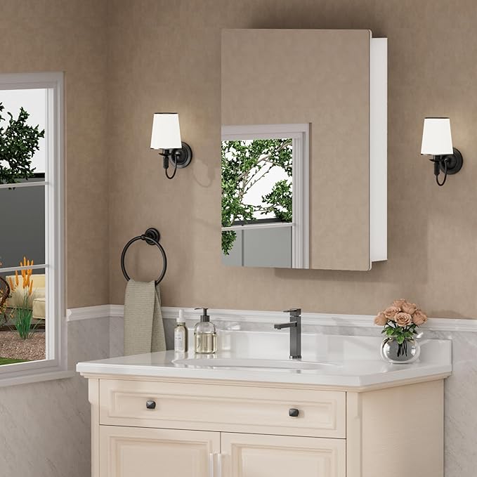 24x30 Inch Medicine Cabinet with Mirror, Recessed or Surface Mounted Bathroom Cabinets for Storage, 2 Fully Adjustable Tempered Glass Shelves, Soft-close DTC Hinges, HD Reflection Mirror Door, White