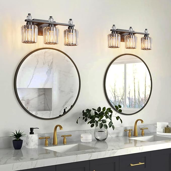 Bathroom Vanity Lights 3-Light Sand Black Modern Crystal Vanity Light Fixtures Over Mirror Crystal Bathroom Vanity Lighting Fixtures