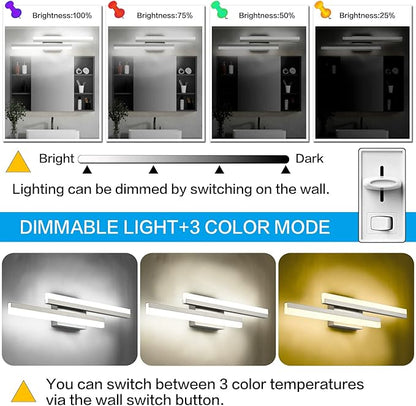 PRESDE 24 Inch LED Vanity Light Brushed Nickel Bathroom Light Fixtures Over Mirror Modern Bath Wall Lighting Bar 3CCT