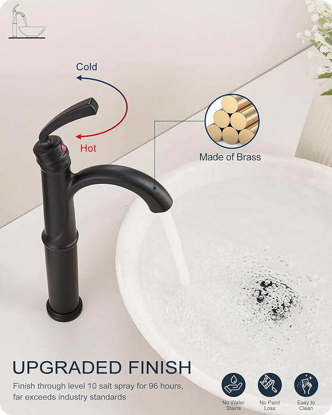 Tall Bathroom Faucet Single Hole, Brass Vessel Sink Faucet Black with 1 Handle, Arched Aerator Spout, Pop Up Drain & Pre-Installed cUPC Water Hoses for Modern Style Bowl Sink, 5 Mins Install