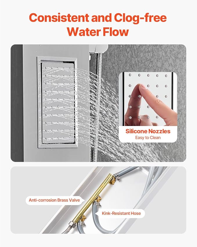 VEVOR Shower Panel Tower System with Rainfall Shower Head, 53 in Brushed Stainless Steel Shower Column, 3-Function Faucet, High Pressure Wall-Mount Rain Massage System, with Large Body Jet, Handheld
