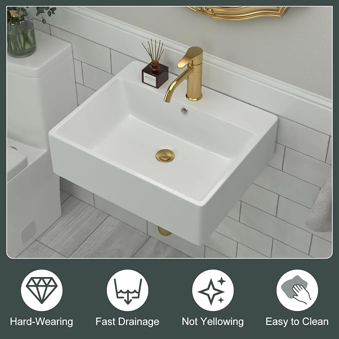 Wall Mounted Bathroom Vessel Sink | Beslend 20''x18'' Rectangle White Porcelain Ceramic Vessel Sink Floating Art Basin with Faucet Hole and Overflow