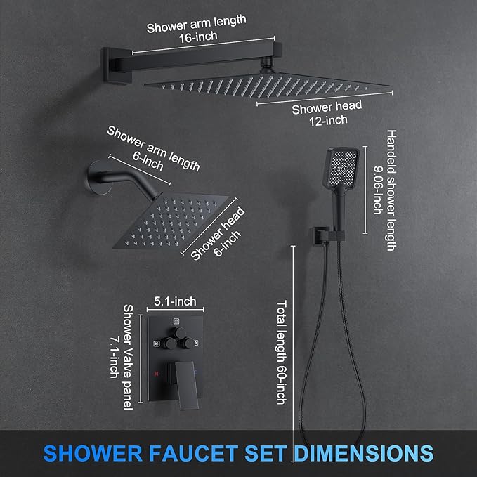 Woindo Shower Faucet Set, 12" Wall Mount Rainfall Shower System with 2 Rain Shower Head and Multi-function Handheld Head Push Button Diverter Shower Faucet Trim Kit