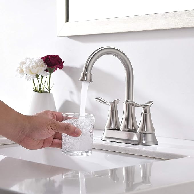 KINGO HOME Modern Brushed Nickel 2-Handle Bathroom Faucet, 4 inch Centerset RV Bathroom Sink Faucet Lavatory Bath Sink Vanity Faucet with Water Supply Lines and Pop Up Drain