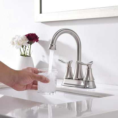 KINGO HOME Modern Brushed Nickel 2-Handle Bathroom Faucet, 4 inch Centerset RV Bathroom Sink Faucet Lavatory Bath Sink Vanity Faucet with Water Supply Lines and Pop Up Drain