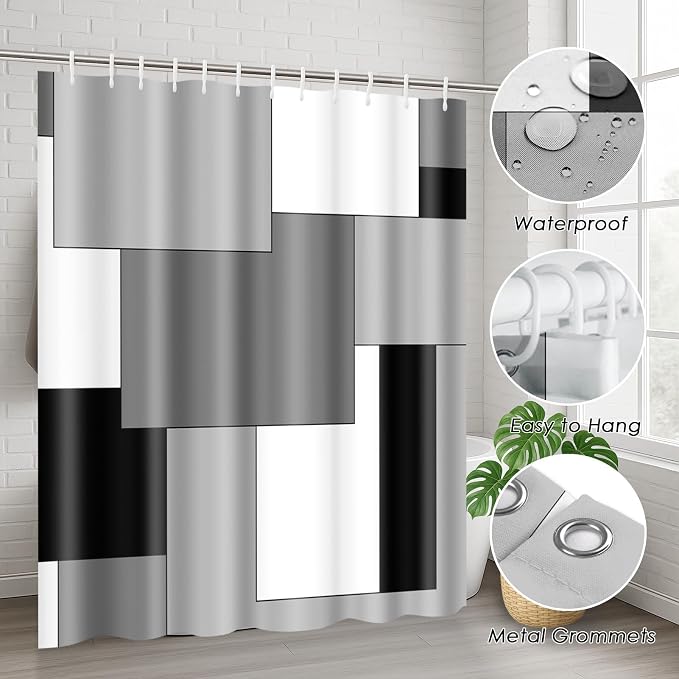 Bathroom Sets with Shower Curtain and Rugs, 4 Pcs, Checkered | Geometric Abstract Modern Bathroom Decor Set with Toilet Lid Cover, Non-Slip Bath Mats and Accessories 12 Hooks