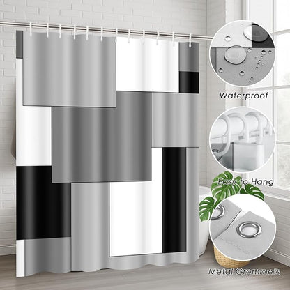 Bathroom Sets with Shower Curtain and Rugs, 4 Pcs, Checkered | Geometric Abstract Modern Bathroom Decor Set with Toilet Lid Cover, Non-Slip Bath Mats and Accessories 12 Hooks