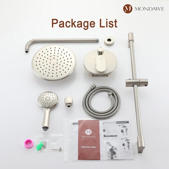 MONDAWE 9 Inch Wall Mounted Shower Faucet Set in Brushed Nickel, Rainfall Shower Head with 3-Setting Handheld Spray Shower Set Combo, High Pressure Shower System with Solid Brass Valve