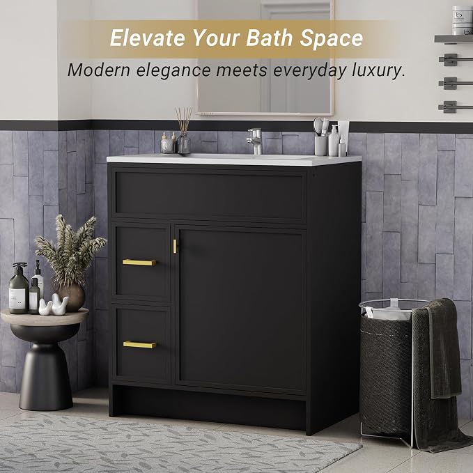 30 Inch Freestanding Bathroom Vanity with Sink, Shaker Style Black Cabinet with 2 Drawers & Single Door, Waterproof Lacquer Finish, Space-Saving for Small Bathroom & Apartment