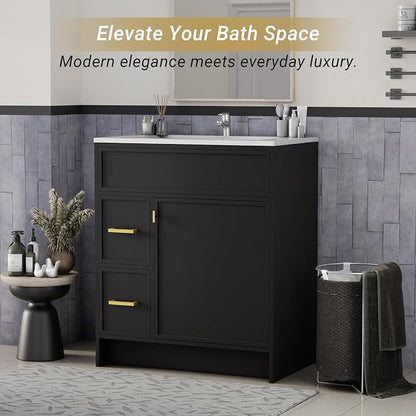 30 Inch Freestanding Bathroom Vanity with Sink, Shaker Style Black Cabinet with 2 Drawers & Single Door, Waterproof Lacquer Finish, Space-Saving for Small Bathroom & Apartment