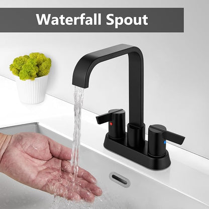 Matte Black Waterfall Bathroom Faucet 4 Inch Centerset,2-Handle | Stainless Steel 3-Hole Deck-Mount Design Includes Supply Lines and Pop-Up Drain for a Complete Vanity Installation