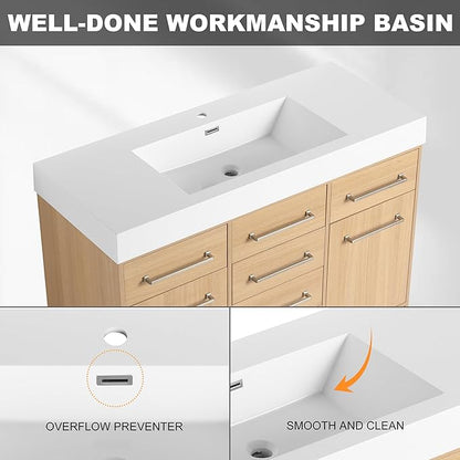 48" Bathroom Vanity with Sink - Freestanding Bathroom Sink Cabinet, 2 Soft Closing Doors & 6 Drawers, Original Oak Plywood (KD-Packing)