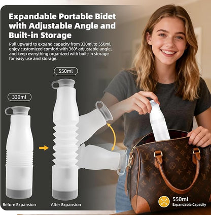 Hibbent Portable Bidet for Travel, High Pressure Electric Handheld Bidet Sprayer, 350-550ML Expandable Bottle for Personal Hygiene, USB-C Rechargeable Waterproof, Travel Sprayer for Women & Men, White