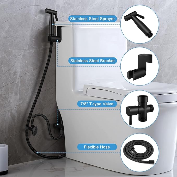 Handheld Toilet Bidet Sprayer 2 Pack, Water Pressure Adjustable Sprayer with Hose and 7/8 "T-Valve, Jet Spray and Soft Spray, for Toilet, Bidet, Shower etc., Stainless Steel, Black