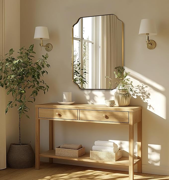 Brushed Gold Mirror, 24"x32" Bathroom Vanity Mirror, Unique Rectangular Bathroom Mirror with Stainless Steel Metal Framed, Wall Mounted Decorative Mirror (Horizontal/Vertical)