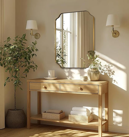 Brushed Gold Mirror, 24"x32" Bathroom Vanity Mirror, Unique Rectangular Bathroom Mirror with Stainless Steel Metal Framed, Wall Mounted Decorative Mirror (Horizontal/Vertical)