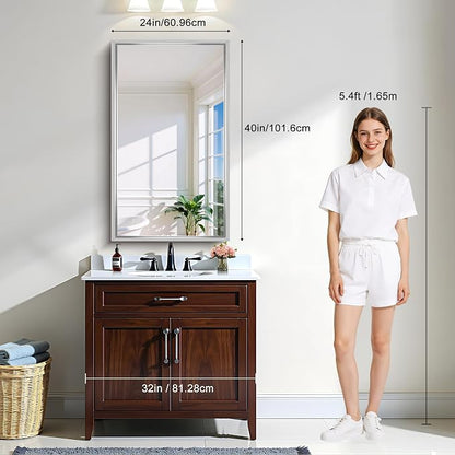 CIRCUMI 24"x40" Brushed Silver Bathroom Mirror, Rectangular Vanity Mirror | Chunky Box Metal Frame, Shatterproof, Tempered Glass, Bathroom Remodel&New Home,Wall Mirror for Over Sink,Living Room,Hallway