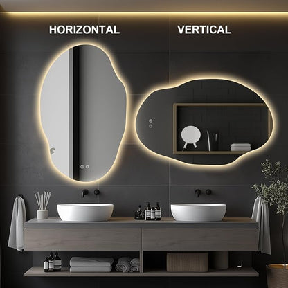 Asymmetrical LED Bathroom Mirror with Lights,Irregular Led Bathroom Vanity Mirror for Wall with Backlit, Anti Fog, 3 Colors and Dimmable Light,[Horizontal/Vertical] 48" H x 30" W