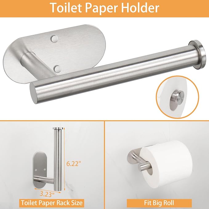 TocTen 5 Pieces Wall Mounted or Self Adhesive Towel Bar Set, Stainless Steel Bathroom Hardware Set Include 16″ Towel Rack, Toilet Paper Holder, 3 Towel Hook, Sticky Bathroom Accessory Kit (Silver)