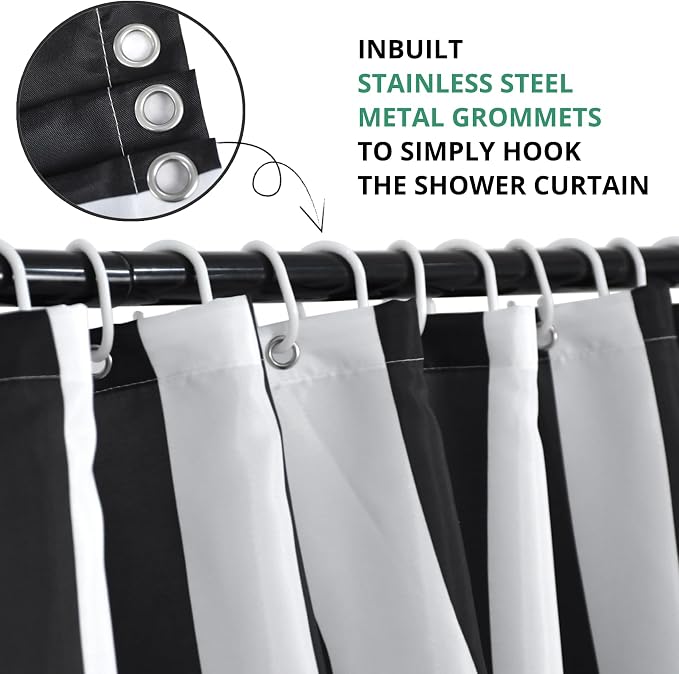 Black and White Extra Long Shower Curtain, Striped Boho Minimalist Modern Waterproof Fabric Machine Washable for Bathroom Bathtub with Hooks 72Wx84H