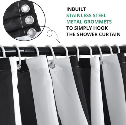 Black and White Extra Long Shower Curtain, Striped Boho Minimalist Modern Waterproof Fabric Machine Washable for Bathroom Bathtub with Hooks 72Wx78H
