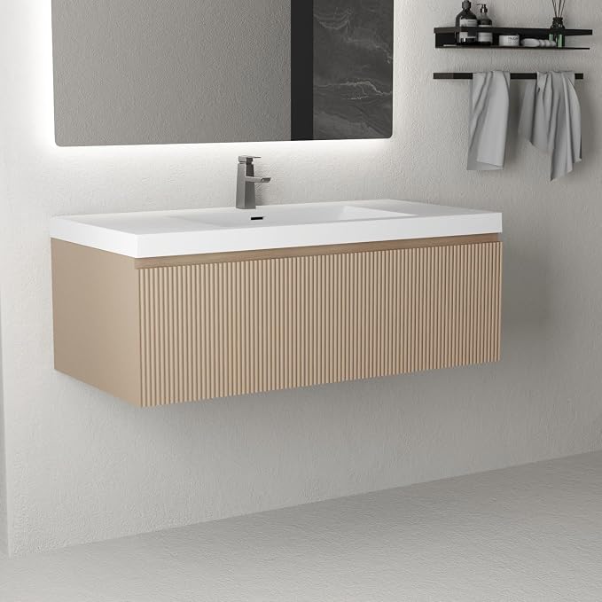 42 Inch Floating Bathroom Vanity with Sink, Wall-Mounted Striped Storage Cabinet with Soft-Close Drawer, Glossy White Solid Surface Basin, Fully Assembled, Natural Oak Finish