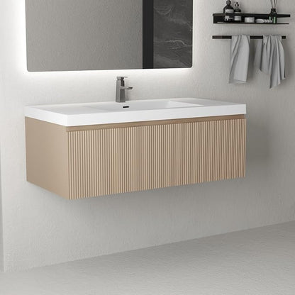 42 Inch Floating Bathroom Vanity with Sink, Wall-Mounted Striped Storage Cabinet with Soft-Close Drawer, Glossy White Solid Surface Basin, Fully Assembled, Natural Oak Finish