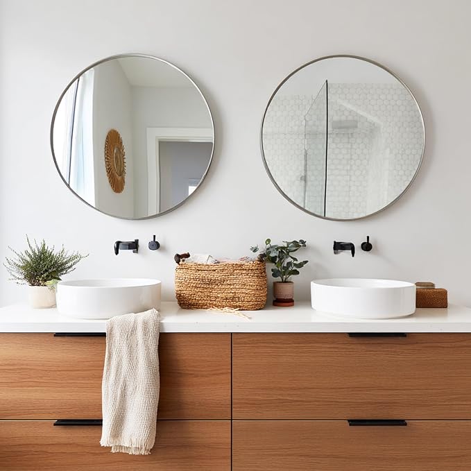 Silver Round Mirror 24 inch, 2 Pack Circle Mirror with Metal Frame | Brushed Silver Metal Frame, High Definition, Waterproof, Circle Mirror for Bathroom, Bedroom, Entryway, Living Room