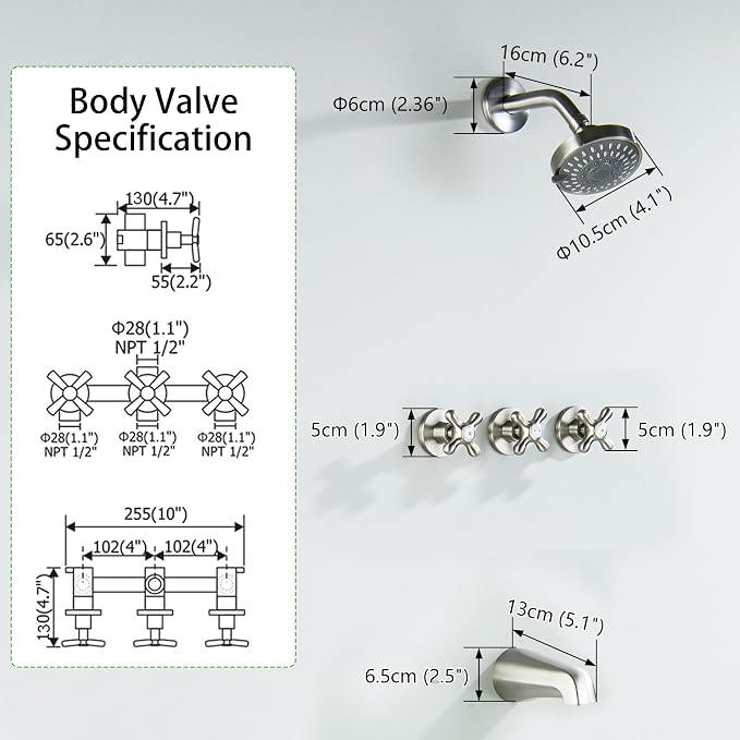 3 Handle Shower Faucet Set with Tub Spout Brushed Nickel Tub and Shower Trim Kit Bathtub Shower Faucets Completes Three Knob