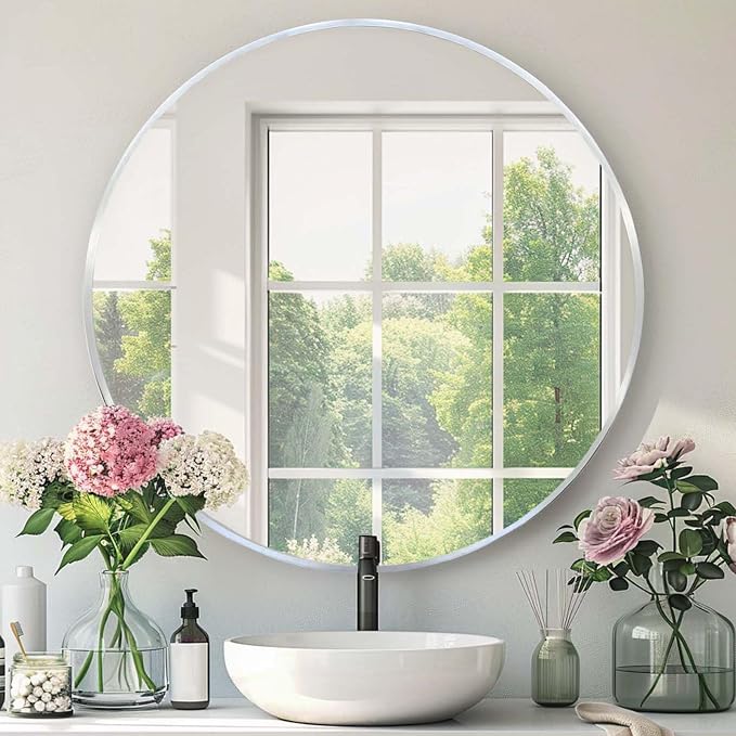 Round Silver Mirror 30 Inch, Brushed Nickel Large Circle Mirror | Chrome Metal Frame, Circular Wall Mirrors for Bathroom, Living Room,Entryway,Bedroom,Hallway, Dining Room, High Definition