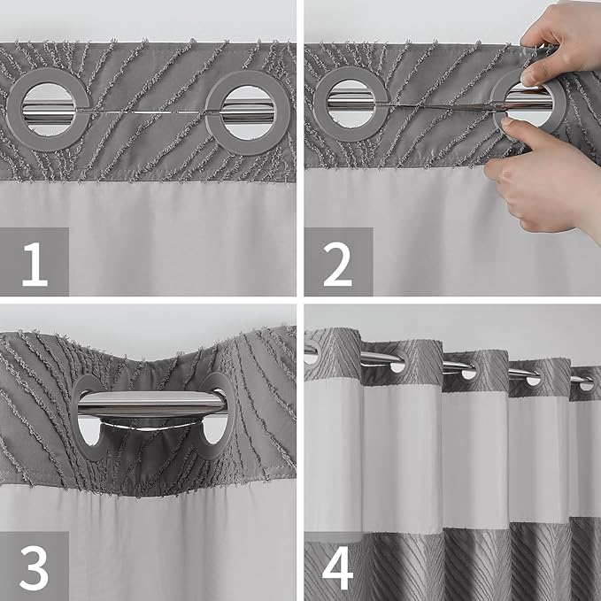 eachope no Hook Shower Curtain and Liner Set，Boho Style with See Through Top Window, Grey Fabric Tufted Striped Textured Outer Curtain & Waterproof Inner Liner, Grey/Gray, 71Wx77H
