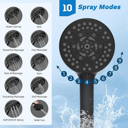 Hibbent 10" Dual Filtered 10" Rainfall Shower Head with Handheld 10-Spray | High Pressure Metal Matte Black Showerhead Combo with Filter, Extension Arm with 4-way Diverter, 71'' Shower Hose & Holder