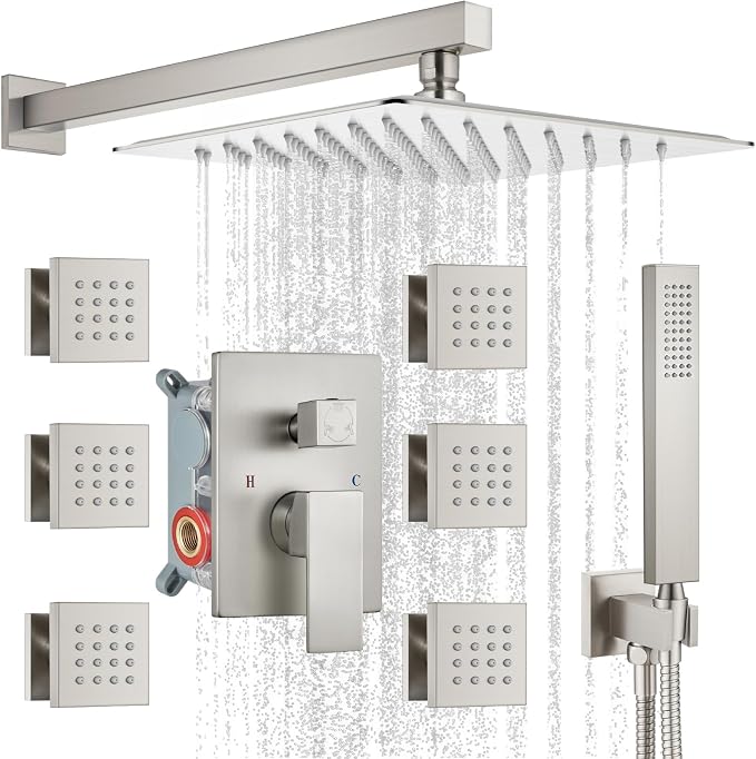 gotonovo Rainfall Shower System with Full Body Jets 6pcs Brushed Nickel | 12’’ Rainfall Shower Head with Handheld Spray Combo,Wall Mount,Rough-in Valve and Trim Kit,Brass Body Message Jets,All Metal