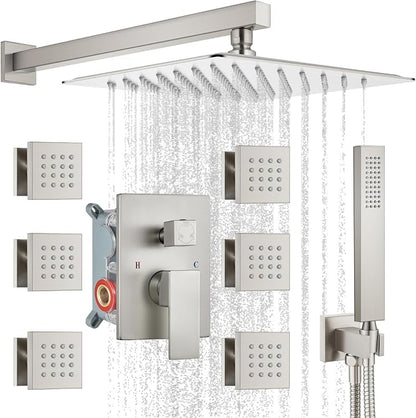 gotonovo Rainfall Shower System with Full Body Jets 6pcs Brushed Nickel | 12’’ Rainfall Shower Head with Handheld Spray Combo,Wall Mount,Rough-in Valve and Trim Kit,Brass Body Message Jets,All Metal