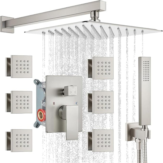 gotonovo Rainfall Shower System with Full Body Jets 6pcs Brushed Nickel | 12’’ Rainfall Shower Head with Handheld Spray Combo,Wall Mount,Rough-in Valve and Trim Kit,Brass Body Message Jets,All Metal