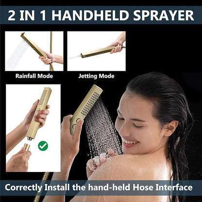 Aolemi Shower Faucet Set Ceiling Mount Shower System Rough-in Valve and Shower Trim Kit 2 in 1 Handheld Spray Push Button Diverter 12 and 6 Inch Dual Shower Head Brushed Gold