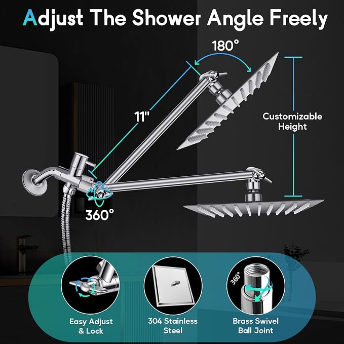 LED Shower Head, 12" LED Shower Head with Color Changing Lights Handheld | High Pressure Rainfall Shower Head Combo, Chrome Stainless Steel & 11" Flexible Curved Arm, 60" Hose