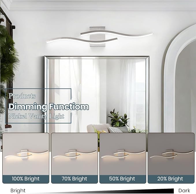 Brushed Nickel Curved 3000~6000K Bathroom Vanity Light Fixture Over Mirror, 31.5 inch Modern LED Wall Lamp 5CCT Dimmable Bathroom Light Fixture Modern Vanity Lighting