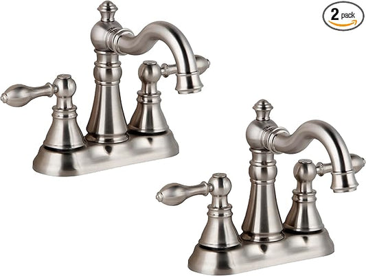 Two Handle Bathroom Faucet Brushed Nickel Bathroom Lavatory Sink Faucet 3 Hole with Pop up Drain Assembly, Classic 4 Inch Centerset with 360° Swivel Spout,2 Pack,BF-0048D-BN