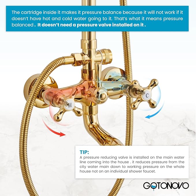 gotonovo Bathroom Exposed Shower Faucet Outdoor Shower System 8 Inch Rainfall Shower Head Set with Tub Spout and Handheld Spray Double Cross Handles Wall Mount without Shower Shelf Polished Gold
