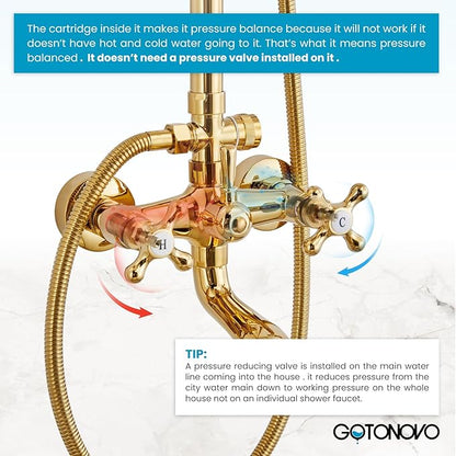 gotonovo Bathroom Exposed Shower Faucet Outdoor Shower System 8 Inch Rainfall Shower Head Set with Tub Spout and Handheld Spray Double Cross Handles Wall Mount without Shower Shelf Polished Gold