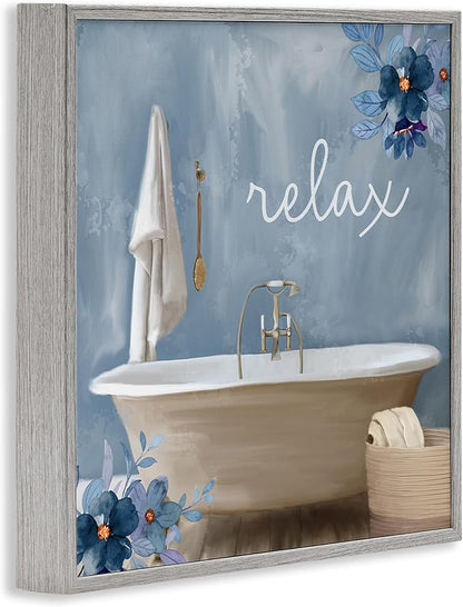 Blue Floral Bathroom Relax Scene, 17 x 17 Inch Framed Giclée Print | Stupell Industries · By Kim Allen · Ready to hang · Perfect for bath or laundry decor · Made in USA