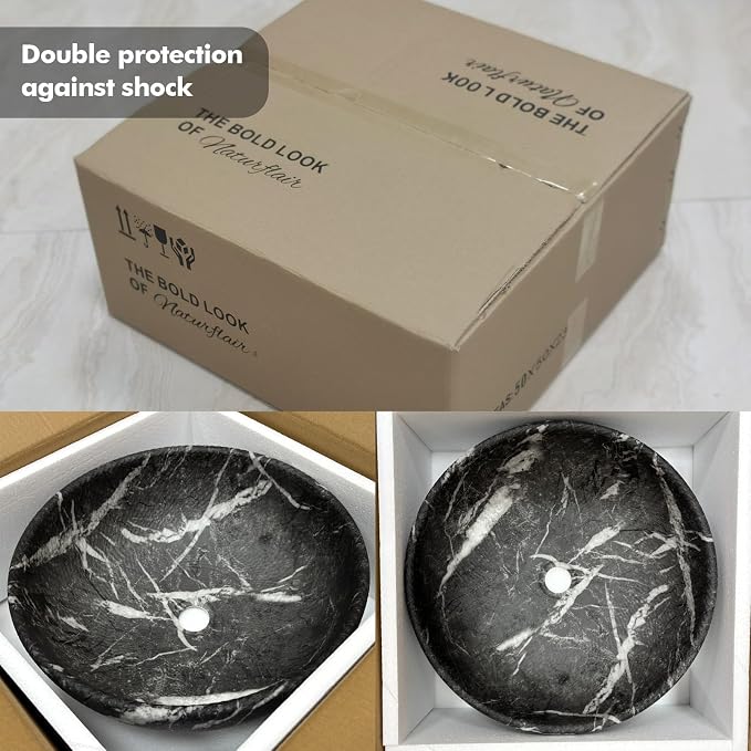 Vessel Sink Round 16 Inch Bathroom Sink, Counter Top Black+ White Marble Color Cloakroom Porcelain Ceramic Vessel Vanity Sinks Art Basin for Bathroom
