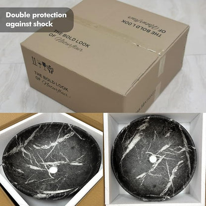 Vessel Sink Round 16 Inch Bathroom Sink, Counter Top Black+ White Marble Color Cloakroom Porcelain Ceramic Vessel Vanity Sinks Art Basin for Bathroom