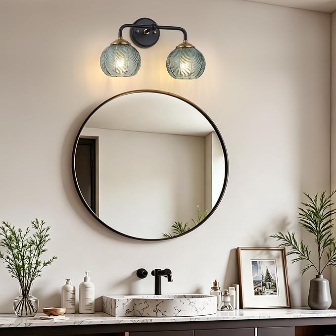 Mecgirn Bathroom Vanity Light Fixtures, 2-Light Green Glass Shade, Modern Black and Gold Wall Sconce, Unique Textured Leaf Pattern, Ceramic E26 Sockets Wall Mounted for Mirror, Cabinet, Hallway