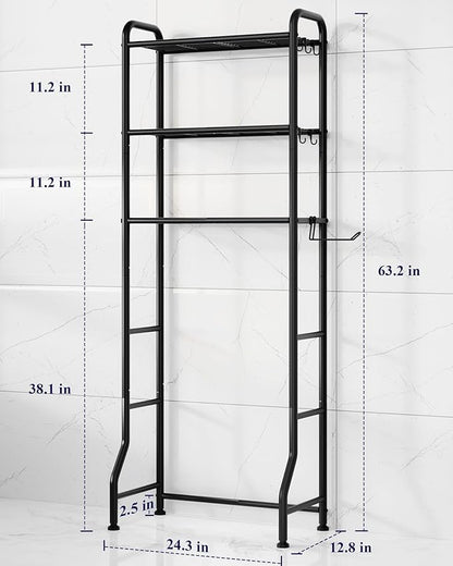 Kitsure Over Toilet Storage Rack - Metal Over Toilet Bathroom Organizer Shelf, Over the Toilet Storage Cabinet with Paper Holder and Hooks, Bathroom Cabinet for Laundry, Black, 3 Tiers (63.2" H)