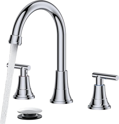 FORIOUS Chrome Bathroom Faucet Vanity 3 Holes, 8 Inch Widespread Polished Chrome Faucet for Bathroom Sink 3 Piece with Pop-up Drain and 360 Degree Swivel Spout, Silver Rv Lavatory Tap
