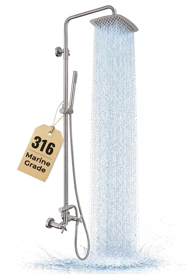 G‑Promise 316 Marine Grade Stainless Steel 10 Inches Outdoor Shower Kit | SUS 316 Stainless Steel, Built to Last, Easy Install, Height Adjustable, Wall Mounted, for Poolside, Backyard, Coastal Homes